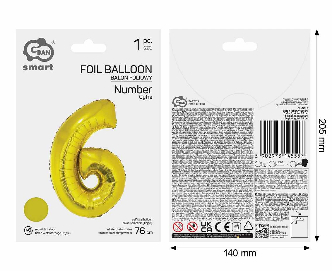Foil balloon Smart, digit 6, gold, 76 cm